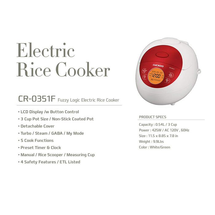 Cuckoo 3-Cup Multifunction Rice Cooker CR-0351F: specification