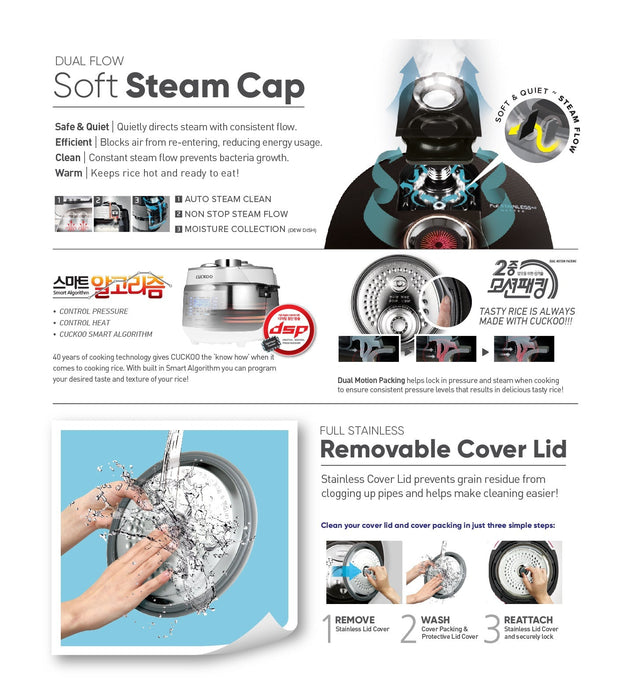 Cuckoo Pressure Rice Cooker 10 Cups CRP-P1009S - Black Gold: Dual flow soft steam cap