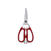 The Green Bell multi-purpose kitchen scissors with red handles, shown closed against a clean white background.
