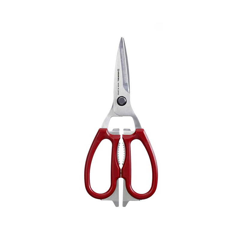 The Green Bell multi-purpose kitchen scissors with red handles, shown closed against a clean white background.
