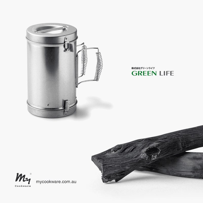 A promotional image for MyCookware Australia featuring the Green Life 2-in-1 Charcoal Chimney and Extinguisher alongside two pieces of Binchotan charcoal.
