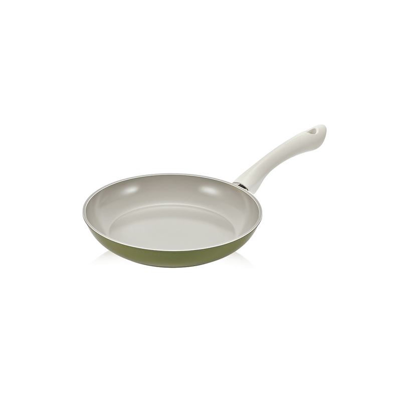 The 24cm Happycall Agave ceramic nonstick induction frypan, showing its sage green exterior, light grey interior, and white handle, angled on a white background.
