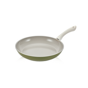 The 28cm Happycall Agave ceramic nonstick induction frypan, showing its sage green exterior, light grey interior, and white handle, angled on a white background.
