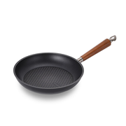 The 28cm Happycall Crocodile Graphene nonstick induction wok, showing its deep sides, hexagonal patterned interior, and wood-style handle, angled on a white background.
