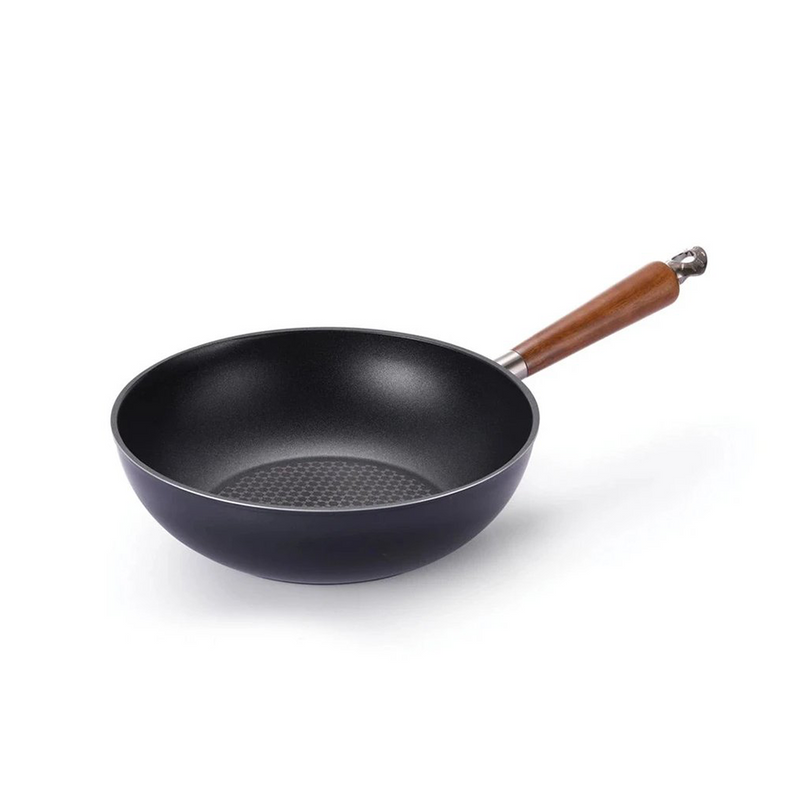 The 28cm Happycall Crocodile Graphene nonstick induction wok, showing its deep sides, hexagonal patterned interior, and wood-style handle, angled on a white background.
