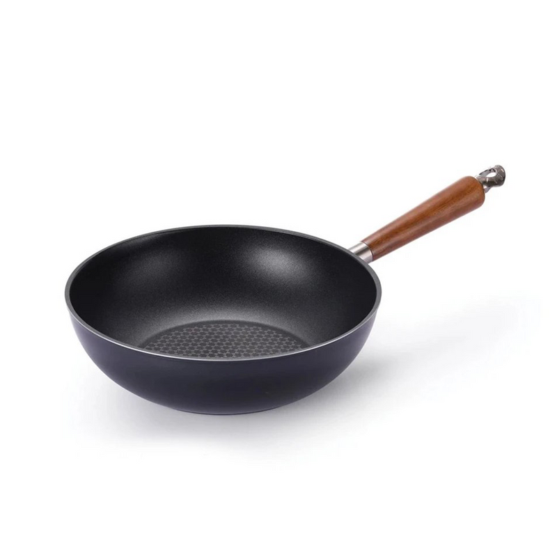 The 30cm Happycall Crocodile Graphene nonstick induction wok, showing its deep sides, hexagonal patterned interior, and wood-style handle, angled on a white background.
