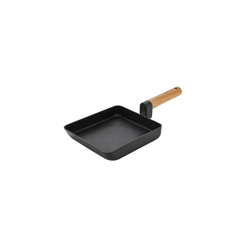 The 21cm Happycall Forest series tamagoyaki pan, showing its dark textured nonstick surface and light wood handle, angled on a white background.
