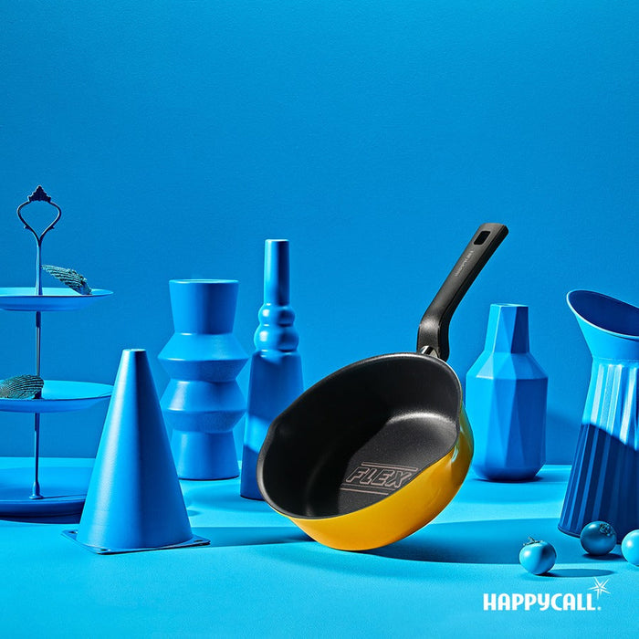 Happycall IH Flex 3 in 1 Saucepan - 20cm Yellow: standing angle with blue backgroung setting