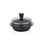 The black 18cm Happycall Korean Induction Cauldron (gamasot) with its wide, flat rim and matching glass lid, angled on a white background.
