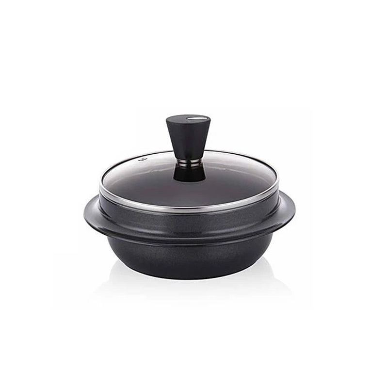 The black 18cm Happycall Korean Induction Cauldron (gamasot) with its wide, flat rim and matching glass lid, angled on a white background.
