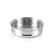 The 24cm Happycall stainless steel steamer insert, showing its perforated base and wide rim, angled on a white background.
