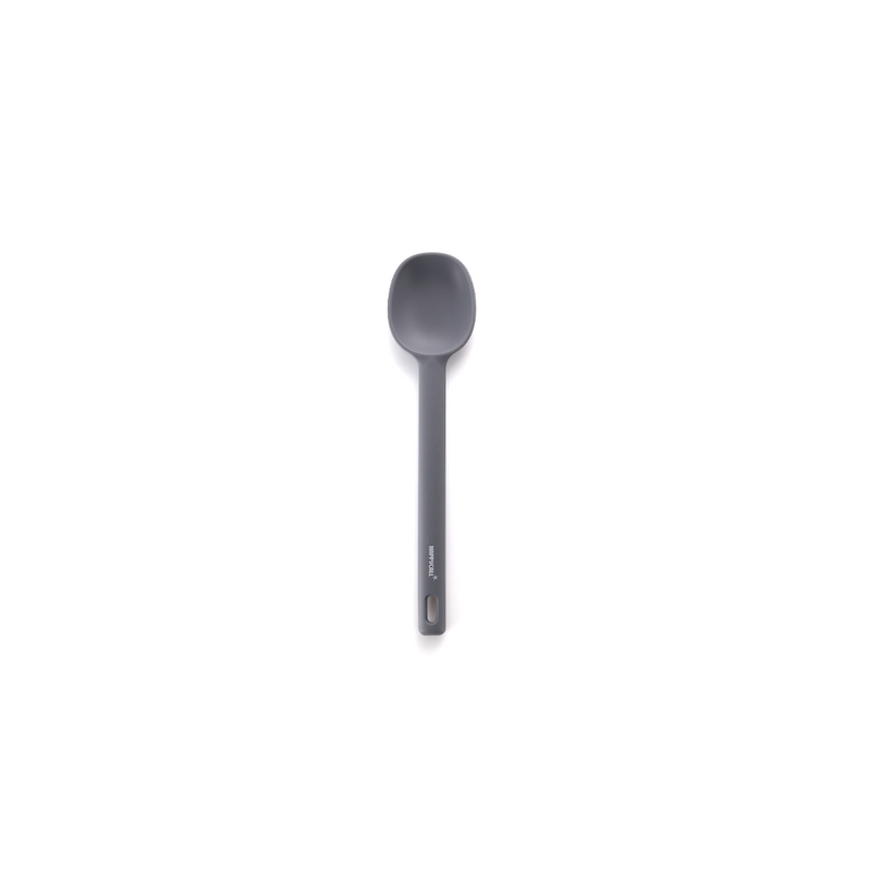 The Happycall VIVA one-piece silicone cooking spoon in dark grey, standing upright against a white background.
