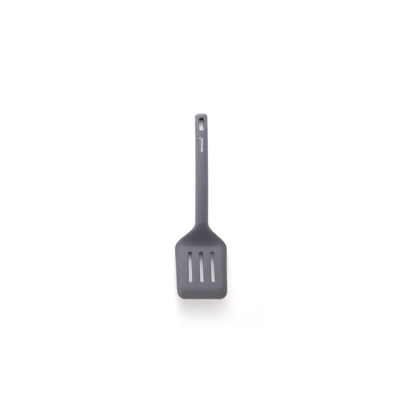 The Happycall VIVA one-piece silicone turner in dark grey, showing its wide slotted head, against a white background.
