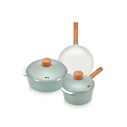 The 5-piece Happycall Zium ceramic nonstick cookware set in a sage green finish, showing the 18cm saucepan, 24cm pot, and 24cm frypan with matching lids and light wood handles.
