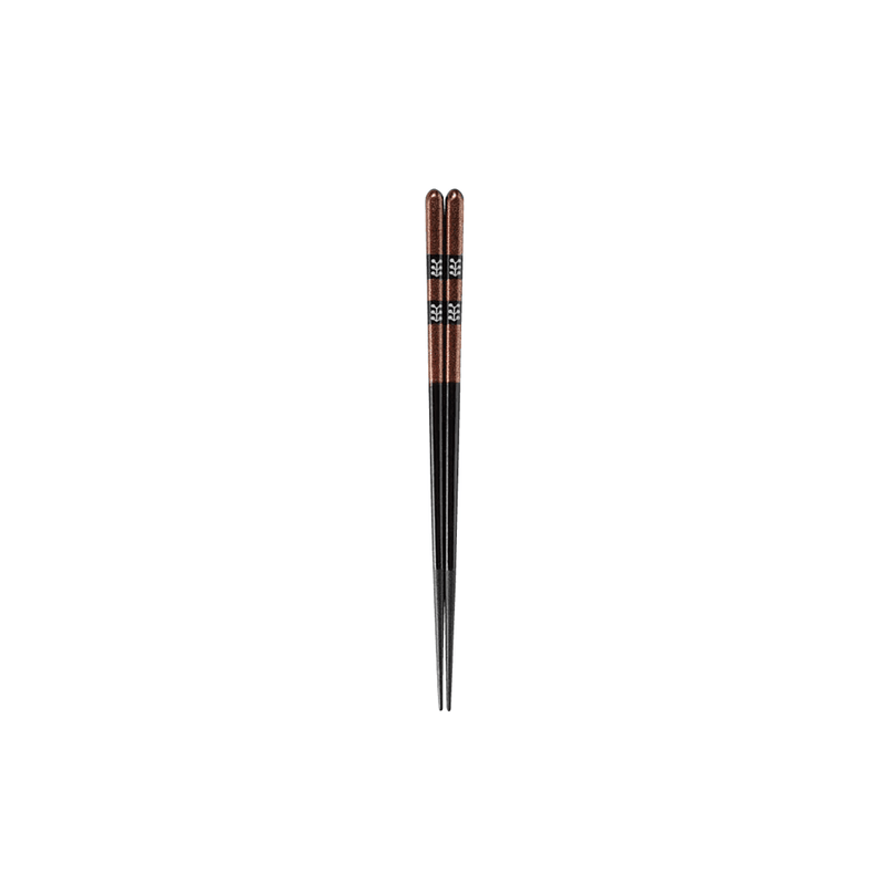 A studio photo of the Ishida Forest Nut Wakasa-Nuri chopsticks, showing a 23cm pair with a dark brown lacquer finish, silver glitter, and a black patterned band on the handles.