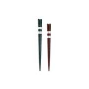 A studio photo showing two pairs of Ishida Ginsetsu Wakasa-Nuri chopsticks, one in dark green (23cm) and one in umber/red (21cm), both with a silver glitter finish and white bands.