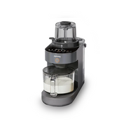 Joyoung Y828 hands-free blender and soymilk maker in a modern grey finish, showing the grinding cavity, control panel, and glass receiving cup.

