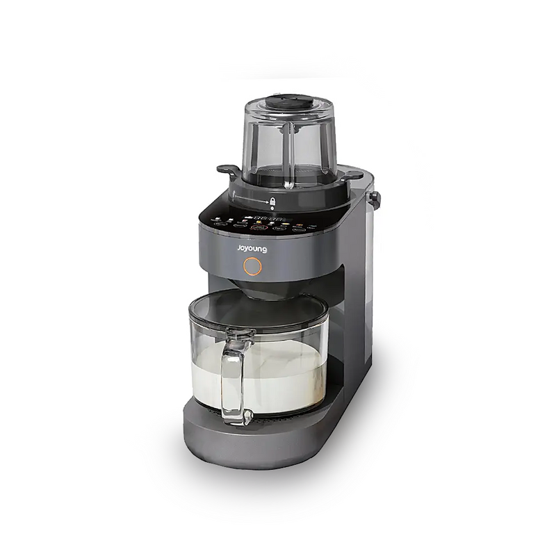 Joyoung Y828 hands-free blender and soymilk maker in a modern grey finish, showing the grinding cavity, control panel, and glass receiving cup.
