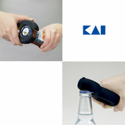 A promotional image demonstrating the two main functions of the Kai Multi-purpose Opener: twisting open a screw-top jar and prying off a bottle cap.
