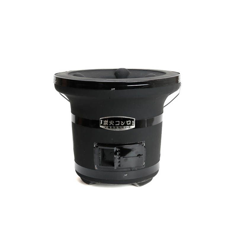 A product image of the Mikawa Portable Konro Grill, showing its black diatomite body, ventilation door, and carry handles on a white background.

