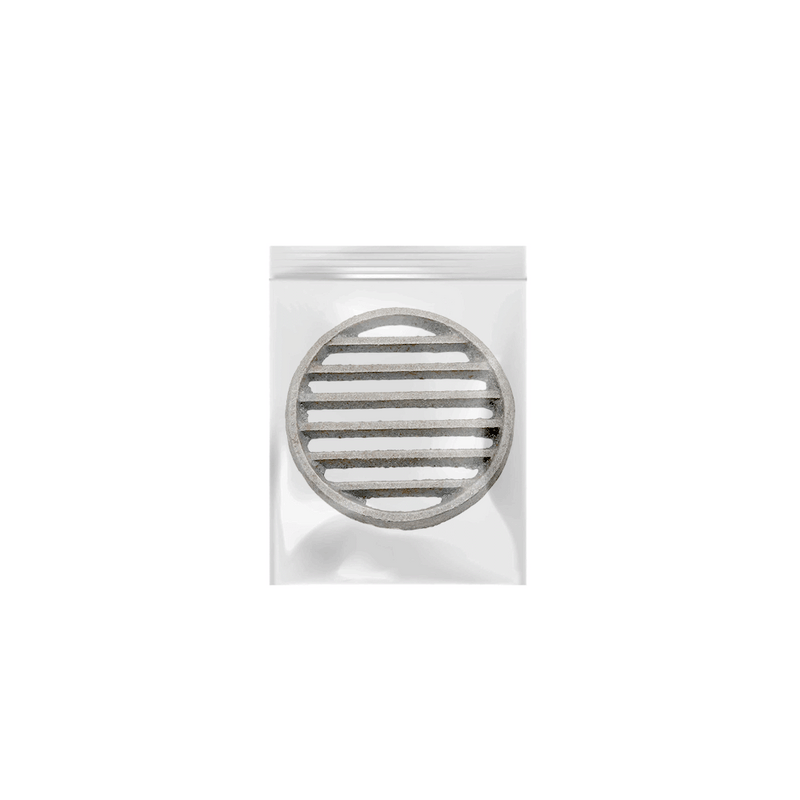 A product image of the round Kuronos replacement charcoal grate for Mikawa konro grills, showing its sturdy bar design inside its packaging.

