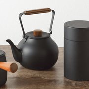 Miyaco Classic Stainless Steel Teapot 700ml Black - Made in Japan. On A Table.