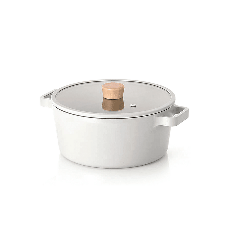 Neoflam Fika 24cm ceramic nonstick pot with a matching glass lid and wooden knob, shown on a clean white background.
