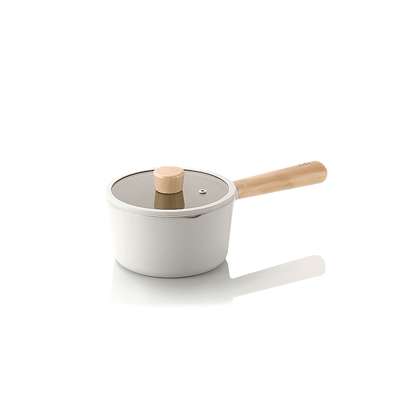 Neoflam Fika 16cm ceramic nonstick saucepan with a matching glass lid, wooden handle, and knob, shown on a clean white background.
