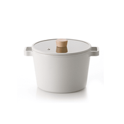 Neoflam Fika 22cm ceramic nonstick stock pot with a matching glass lid and wooden knob, shown on a clean white background.
