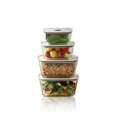 Set of four Neoflam Fika glass food containers in various rectangular sizes, with airtight lids featuring a light wood-look finish, shown on a clean white background.
