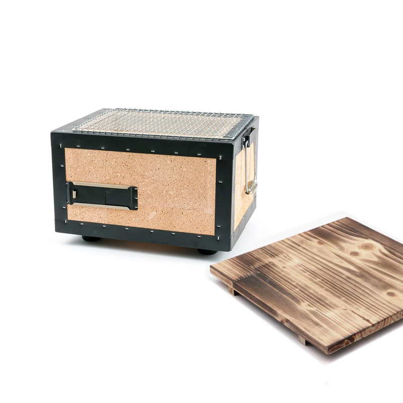 Okunoto Japanese Konro Grill, small 31cm, with beige diatom mud exterior and metal grilling surface, accompanied by a separate wood grill board.