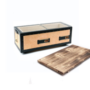 Okunoto Japanese Konro Grill - Medium 54cm with a wooden base, showing the grill's top view and a separate wooden plank.