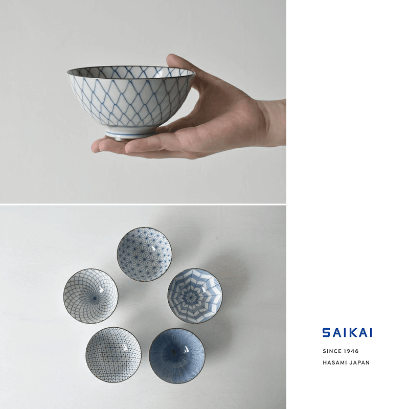 Saikai Hasami Yaki 5-Piece Classic Blue Japanese Bowl Set. From the top.
