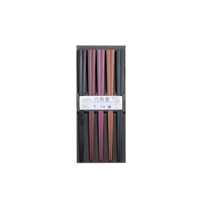 Sunlife Antibacterial Hexagon Chopstick Set - 23cm - Deep Colours - 5-Piece