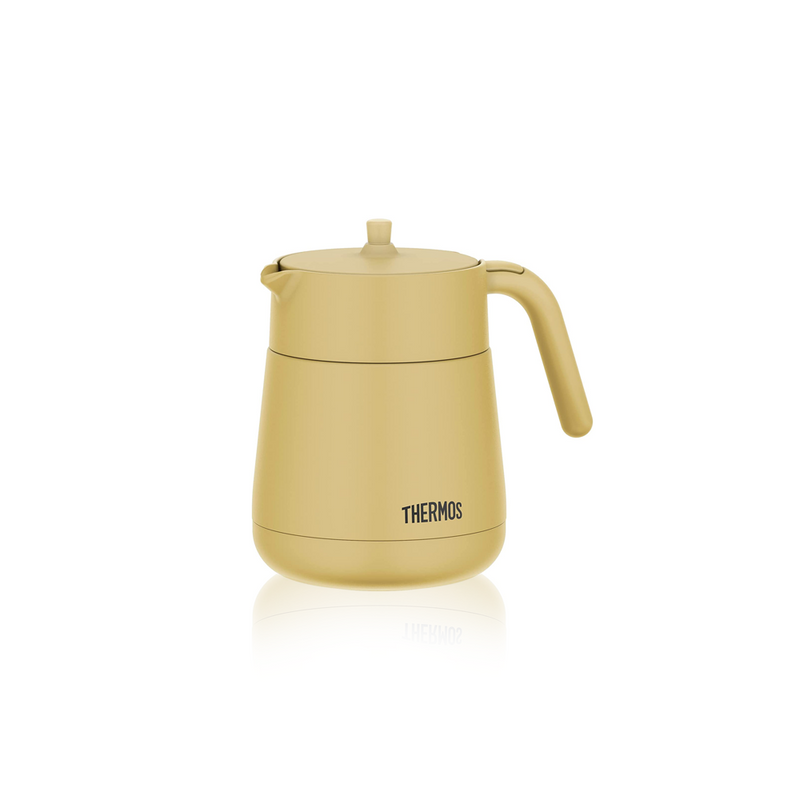 A Thermos TTE-700 vacuum insulated teapot in a beige finish, shown on a white background.