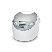 Tiger 4-in-1 Synchro-Cooking rice cooker 10-cup (JAX-S18A) in a white and silver finish, shown on a clean white background.
