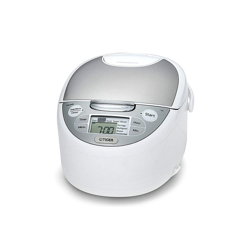 Tiger 4-in-1 Synchro-Cooking rice cooker 10-cup (JAX-S18A) in a white and silver finish, shown on a clean white background.
