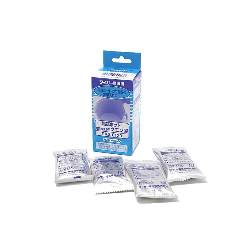 Tiger PKS-0120 Citric Acid Cleaning Pack, showing the box and four individual sachets of descaling powder on a white background.
