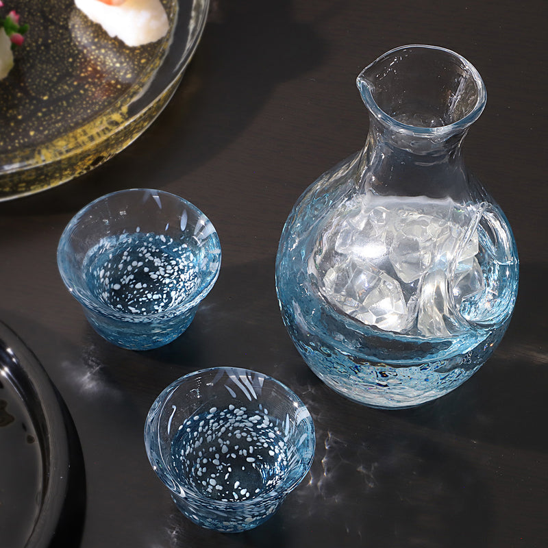 Toyo Sasaki Takasegawa Handmade Blue Carafe Sake Set: Under Light