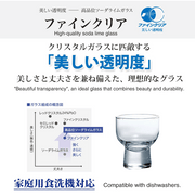 An infographic explaining the features of Toyo Sasaki's 'Fine Clear' high-quality soda lime glass, highlighting its "beautiful transparency", durability, and that it is compatible with dishwashers.