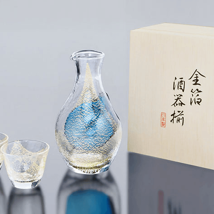 Toyo Sasaki Takasegawa Handmade Gold Leaf Sake Set: On a table
