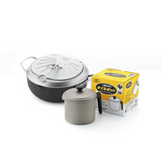 The Yoshikawa deep fryer set, featuring the 20cm nitrided carbon steel pot and the matching activated charcoal oil filter pot with its box.
