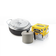 The Yoshikawa deep fryer set, featuring the 24cm nitrided carbon steel pot and the matching activated charcoal oil filter pot.

