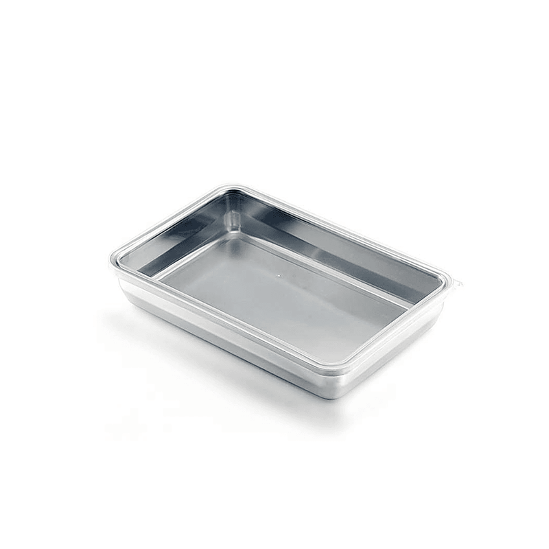 An empty, rectangular Yoshikawa 33.5cm large stainless steel food storage container with a brushed finish, angled on a white background.
