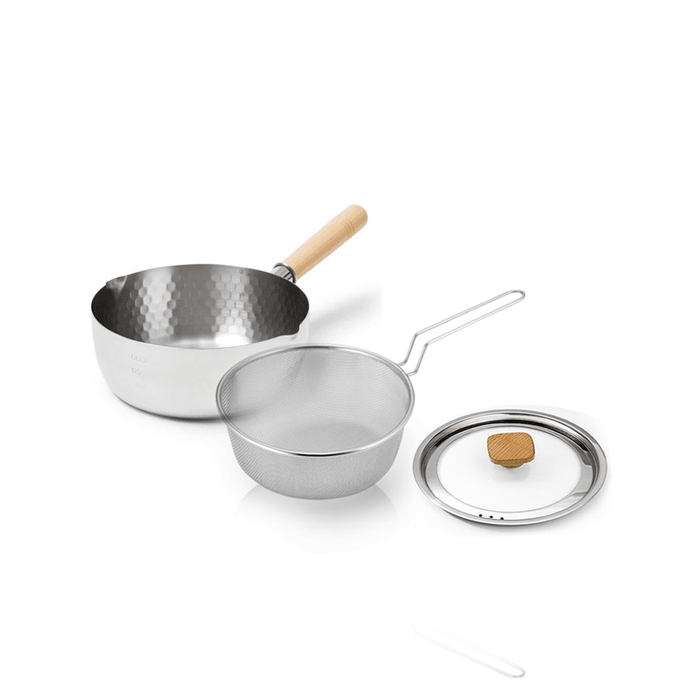 Yoshikawa Yukihira Saucepan 18cm with Strainer - Made in Japan: With lid and strainer in a set