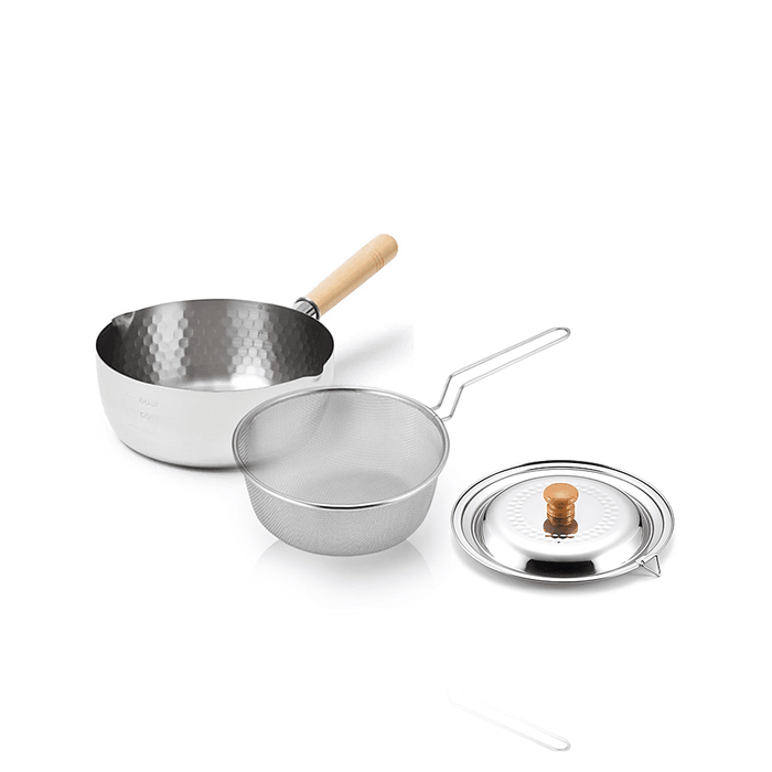 Yoshikawa Yukihira Saucepan 18cm with Strainer - Made in Japan: With glass lid and strainer in a set