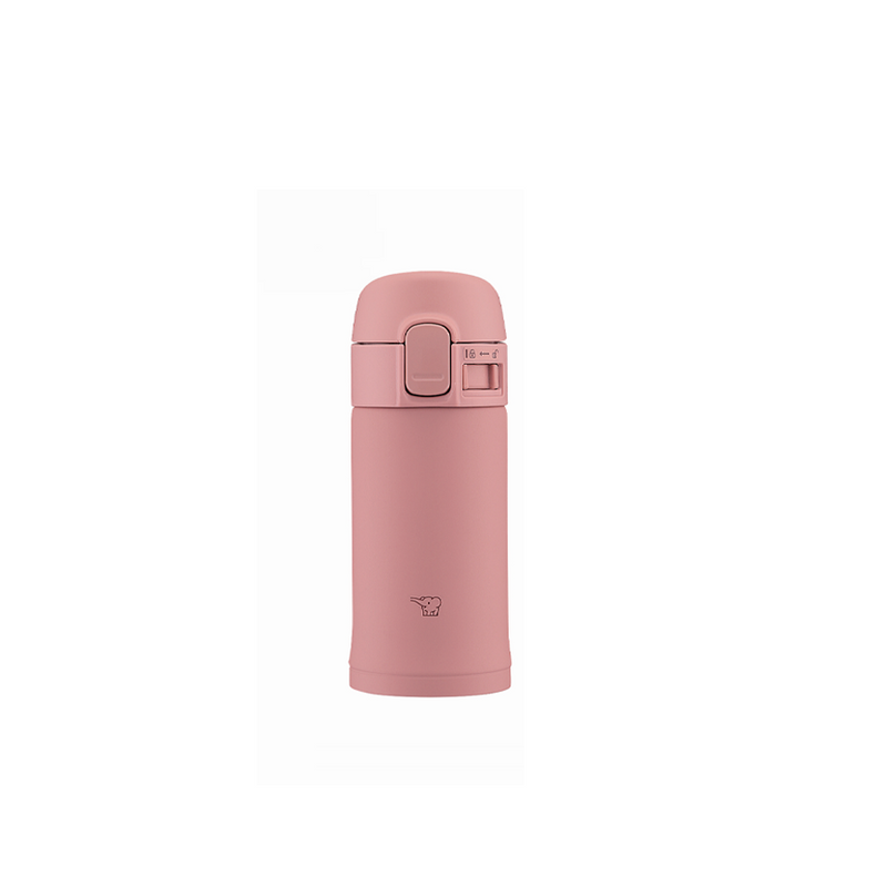 A studio photo of the Zojirushi SM-PD20 TUFF vacuum insulated flask in terracotta pink, shown from the front highlighting its one-touch release lid and locking switch.