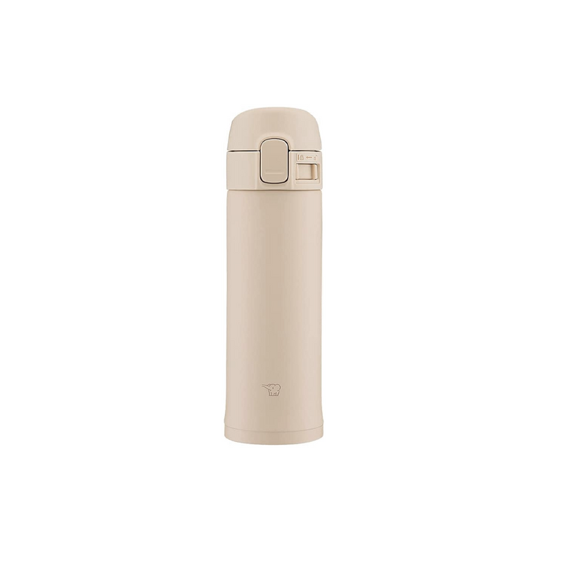 A studio photo of the Zojirushi SM-PD30 TUFF vacuum insulated flask in beige, shown from the front highlighting its one-touch release lid and locking switch.