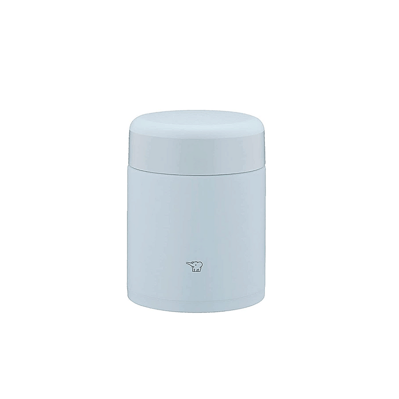 A studio photo of the Zojirushi SW-KA40 vacuum insulated food jar in ice grey, shown from the front highlighting its seamless one-piece lid.