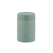A studio photo of the Zojirushi SW-KA52 vacuum insulated food jar in matte green, shown from the front highlighting its seamless one-piece lid.